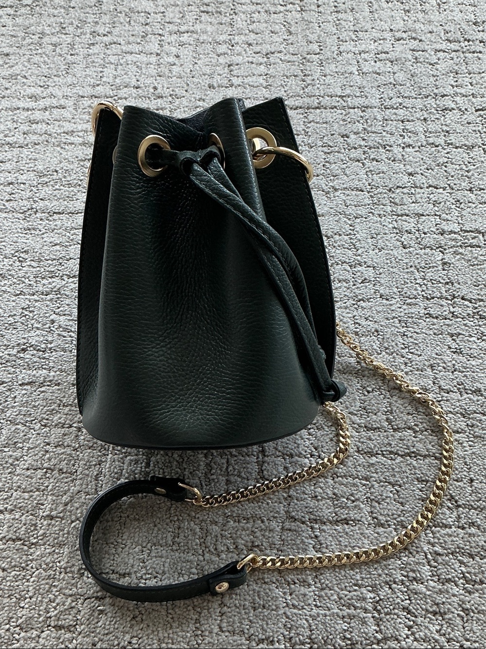 Classic hunter green Pebbled Leather Drawstring Crossbody with Gold Chain